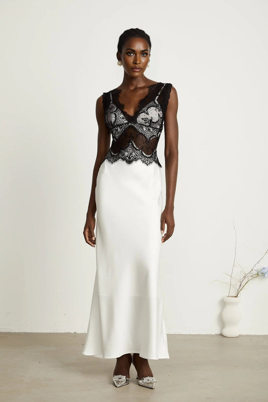 Adrianna White Lace Overlay V-Neck Maxi Dress