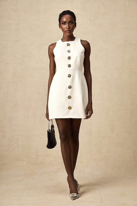 Adrielle White Sleeveless Mini Dress With Decorative Buttons Square Neckline Gold-Toned Buttons Puff Skirt Thigh-Length Silhouette