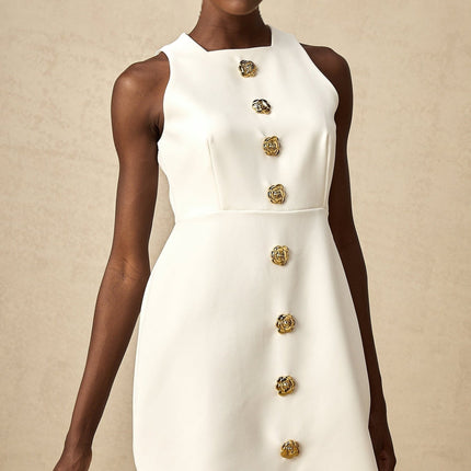 Adrielle White Sleeveless Mini Dress With Decorative Buttons Square Neckline Gold Toned Buttons Floral Structure Puff Skirt Thigh Length Silhouette