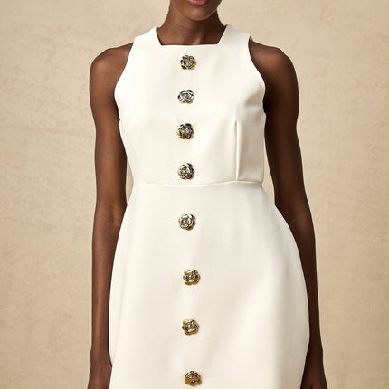 Adrielle White Sleeveless Mini Dress With Decorative Buttons Square Neckline Gold-Toned Buttons Floral Structure Puff Skirt Thigh-Length Silhouette