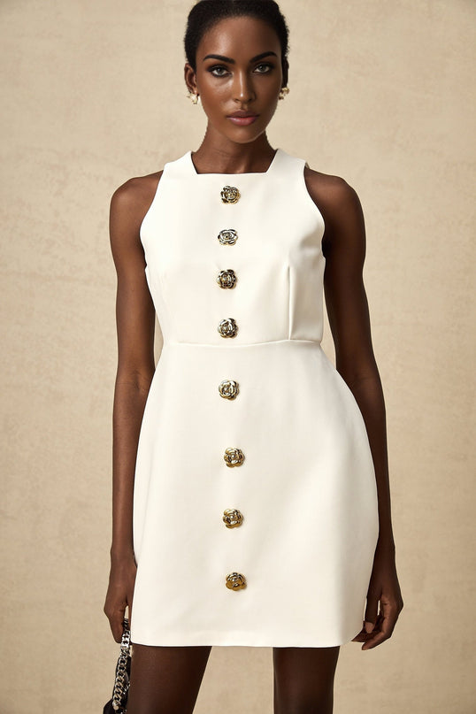 Adrielle White Sleeveless Mini Dress With Decorative Buttons Square Neckline Gold-Toned Buttons Floral Structure Puff Skirt Thigh-Length Silhouette