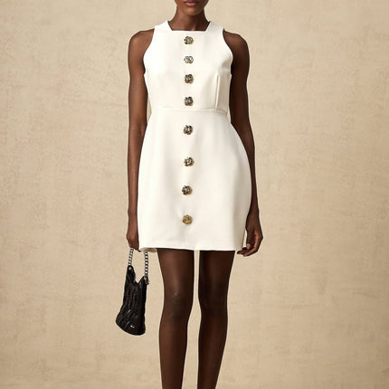 Adrielle White Sleeveless Mini Dress With Decorative Buttons Square Neckline Gold-Toned Buttons Floral Structure Puff Skirt Thigh-Length Silhouette