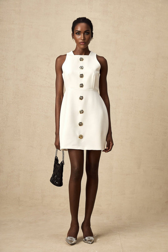 Adrielle White Sleeveless Mini Dress With Decorative Buttons Square Neckline Gold-Toned Buttons Floral Structure Puff Skirt Thigh-Length Silhouette