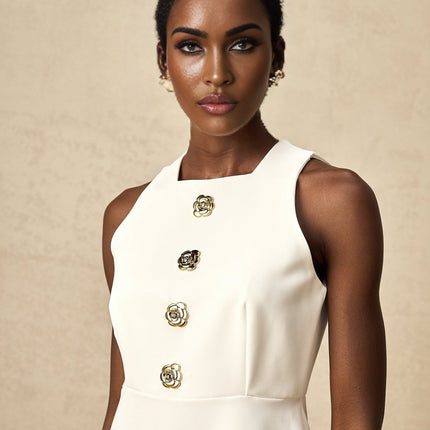 Adrielle White Sleeveless Mini Dress With Decorative Buttons Square Neckline Gold-Toned Buttons Floral Structure Back Zipper Puff Skirt Thigh-Length Silhouette Elegant Gatherings Summer Events Chic Versatile