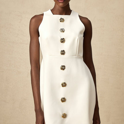 Adrielle White Sleeveless Mini Dress With Decorative Buttons Square Neckline Gold Toned Buttons Floral Structure Back Zipper Puff Skirt Thigh Length Silhouette