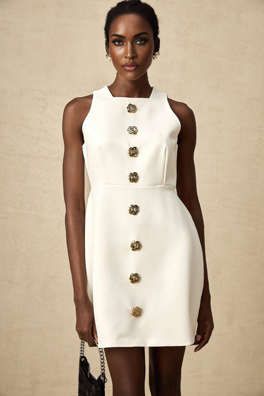 Adrielle White Sleeveless Mini Dress With Decorative Buttons Square Neckline Gold Toned Buttons Floral Structure Back Zipper Puff Skirt Thigh Length Silhouette