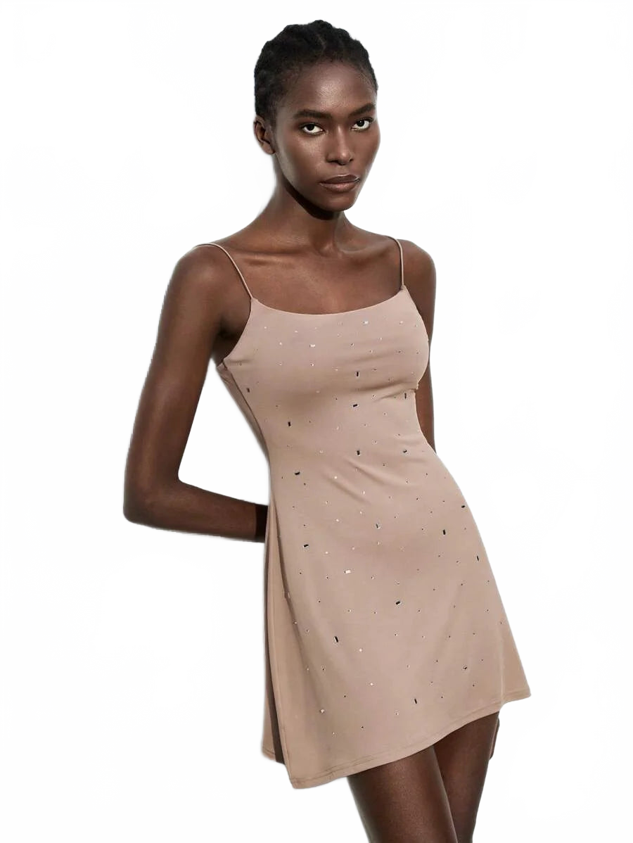 Presley Mini Dress with Sparkle Details in Khaki