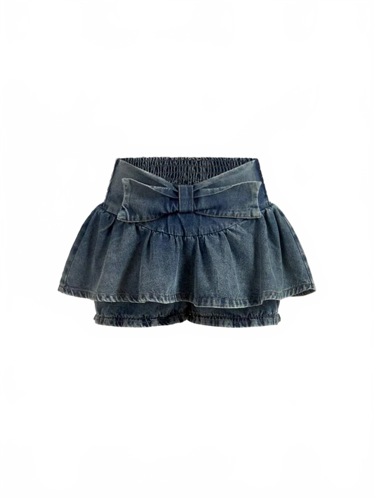 Sage Denim Shorts Women Ruffled Bow Waist Design in Blue