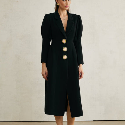 Aëlle Black Midi Coat with Statement Lapel Collar and Pleated Shoulders