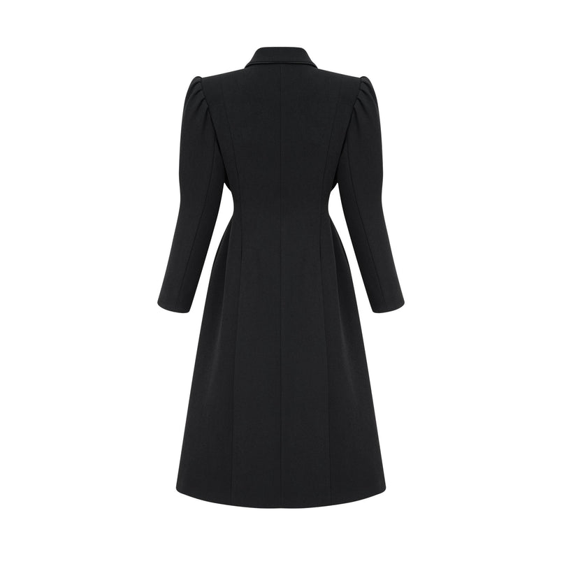 Aëlle Black Midi Coat with Statement Lapel Collar and Pleated Shoulders