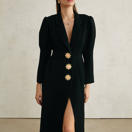 Aëlle Black Midi Coat with Statement Lapel Collar and Pleated Shoulders, Long Pleated Sleeves, and Oversized Decorative Gold Buttons