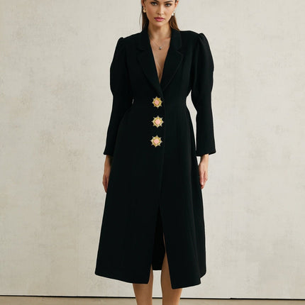 Aëlle Black Midi Coat with Statement Lapel Collar and Pleated Shoulders