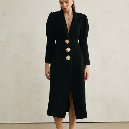 Aëlle Black Midi Coat with Statement Lapel Collar and Oversized Gold Buttons
