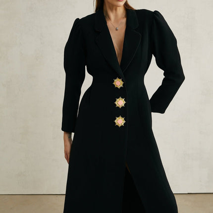 Aëlle Black Midi Coat with Statement Lapel Collar and Pleated Shoulders