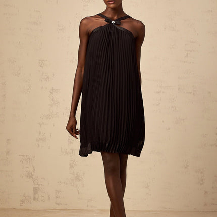 Agata Black Pleated Halterneck Mini Dress