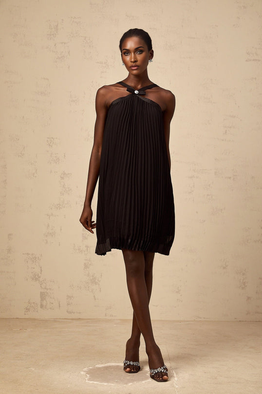 Agata Black Pleated Halterneck Mini Dress