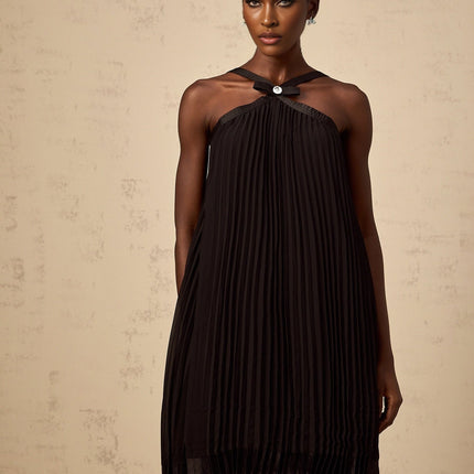 Agata Black Pleated Halterneck Mini Dress