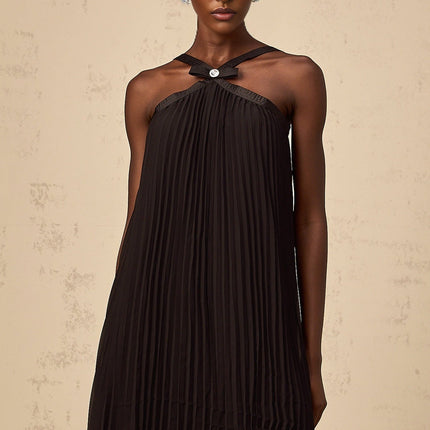 Agata Black Pleated Mini Dress with Bow Detailing Halterneck and Wide Straps