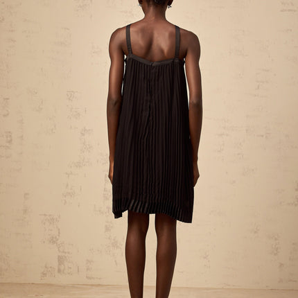 Agata Black Pleated Mini Dress with Bow Detailing Halterneck and Wide Straps