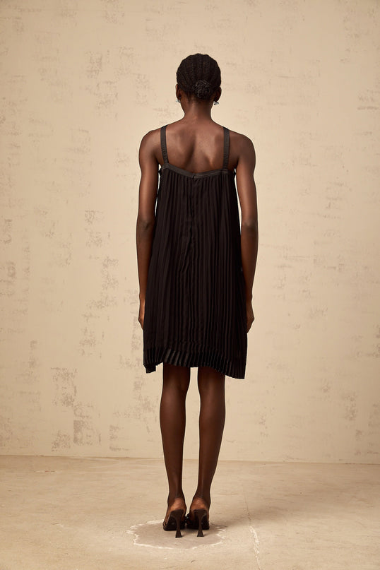 Agata Black Pleated Mini Dress with Bow Detailing Halterneck and Wide Straps