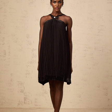 Agata Black Pleated Mini Dress with Bow Detail Halterneck and Wide Straps