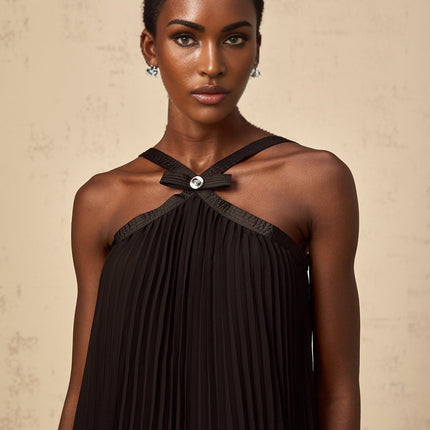 Agata Black Pleated Mini Dress with Bow Detailing and Halterneck