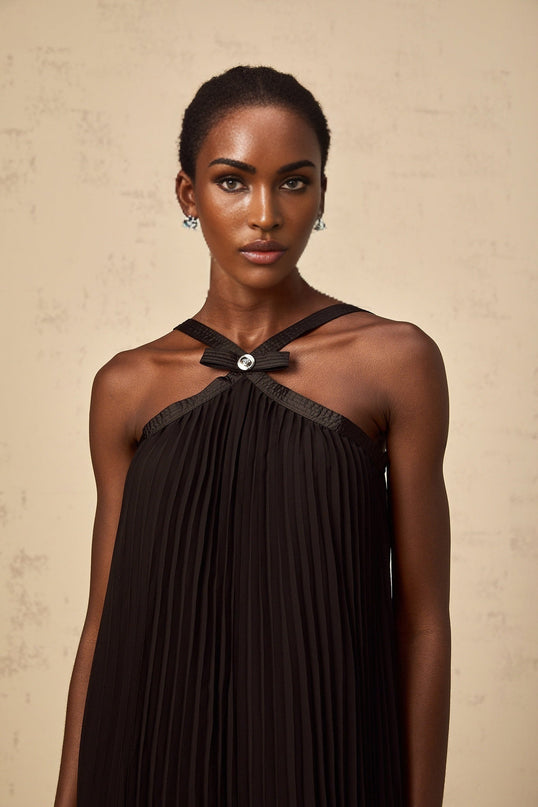 Agata Black Pleated Mini Dress with Bow Detailing and Halterneck