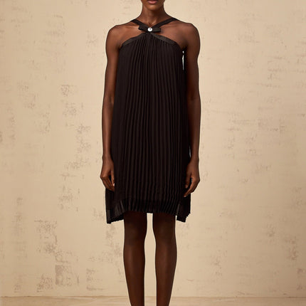 Agata Black Pleated Mini Dress with Bow Detailing Halterneck and Wide Straps