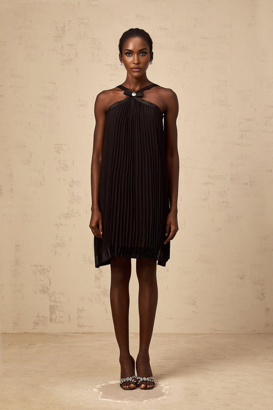 Agata Black Pleated Mini Dress with Bow Detailing Halterneck and Wide Straps