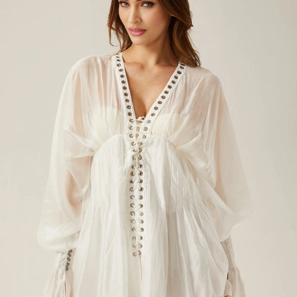 Agata White Mini Dress V-neck Cinched Waist Puff Sleeves Front Tie Fastening Rear Zip Closure