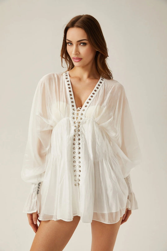 Agata White Mini Dress V-neck Cinched Waist Puff Sleeves Front Tie Fastening Rear Zip Closure
