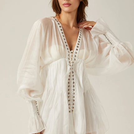 Agata White Mini Dress V-neck Cinched Waist Puff Sleeves Front Tie Fastening Rear Zip Closure Semi-Sheer Elegant Formal Luxury Fashion