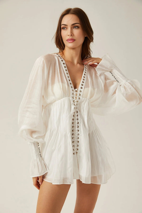 Agata White Mini Dress V-neck Cinched Waist Puff Sleeves Front Tie Fastening Rear Zip Closure Semi-Sheer Elegant Formal Luxury Fashion