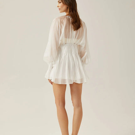 Agata White Mini Dress V-neck Cinched Waist Puff Sleeves Front Tie Fastening Rear Zip Closure Semi-Sheer Elegant Allure Formal Events