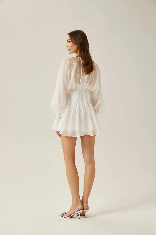 Agata White Mini Dress V-neck Cinched Waist Puff Sleeves Front Tie Fastening Rear Zip Closure Semi-Sheer Elegant Allure Formal Events