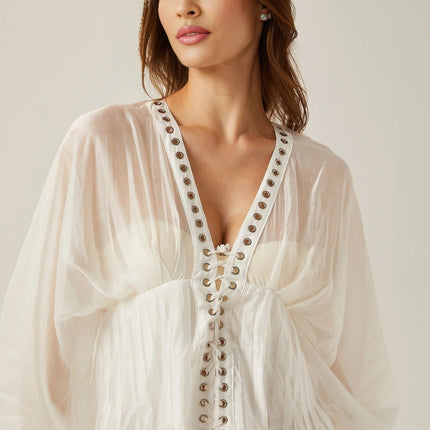 Agata White Mini Dress V-neck Cinched Waist Puff Sleeves Front Tie Fastening Rear Zip Closure Semi-sheer Elegant Allure Formal Events Upscale Gatherings Luxurious Fabrics
