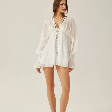 Agata White Mini Dress V-neck Cinched Waist Puff Sleeves Front Tie Rear Zip Closure
