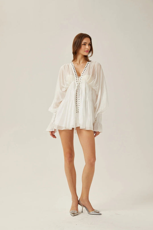 Agata White Mini Dress V-neck Cinched Waist Puff Sleeves Front Tie Rear Zip Closure