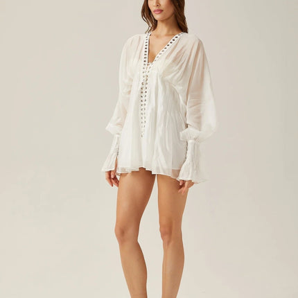 Agata White Mini Dress V-neck Cinched Waist Puff Sleeves Front Tie Fastening Rear Zip Closure