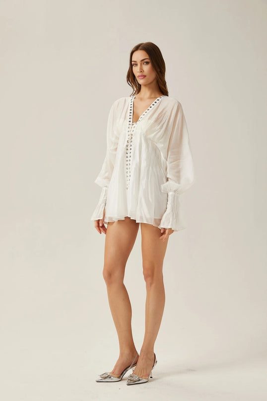 Agata White Mini Dress V-neck Cinched Waist Puff Sleeves Front Tie Fastening Rear Zip Closure