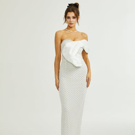 Agata White Sequin Embellished Off-Shoulder Midi Dress
