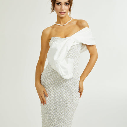 Agata White Sequin Off-Shoulder Midi Dress with Faux-Pearl Detailing