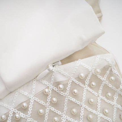 Agata White Sequin Off-Shoulder Midi Dress with Faux-Pearl Detailing