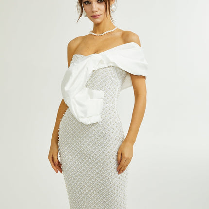 Agata White Sequin Off-Shoulder Midi Dress