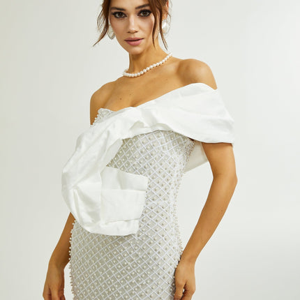 Agata White Sequin Off-Shoulder Midi Dress