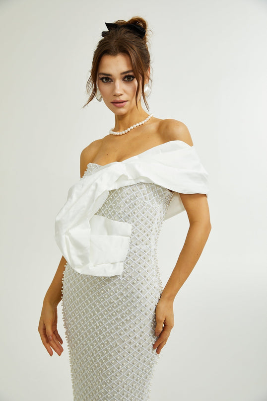 Agata White Sequin Off-Shoulder Midi Dress