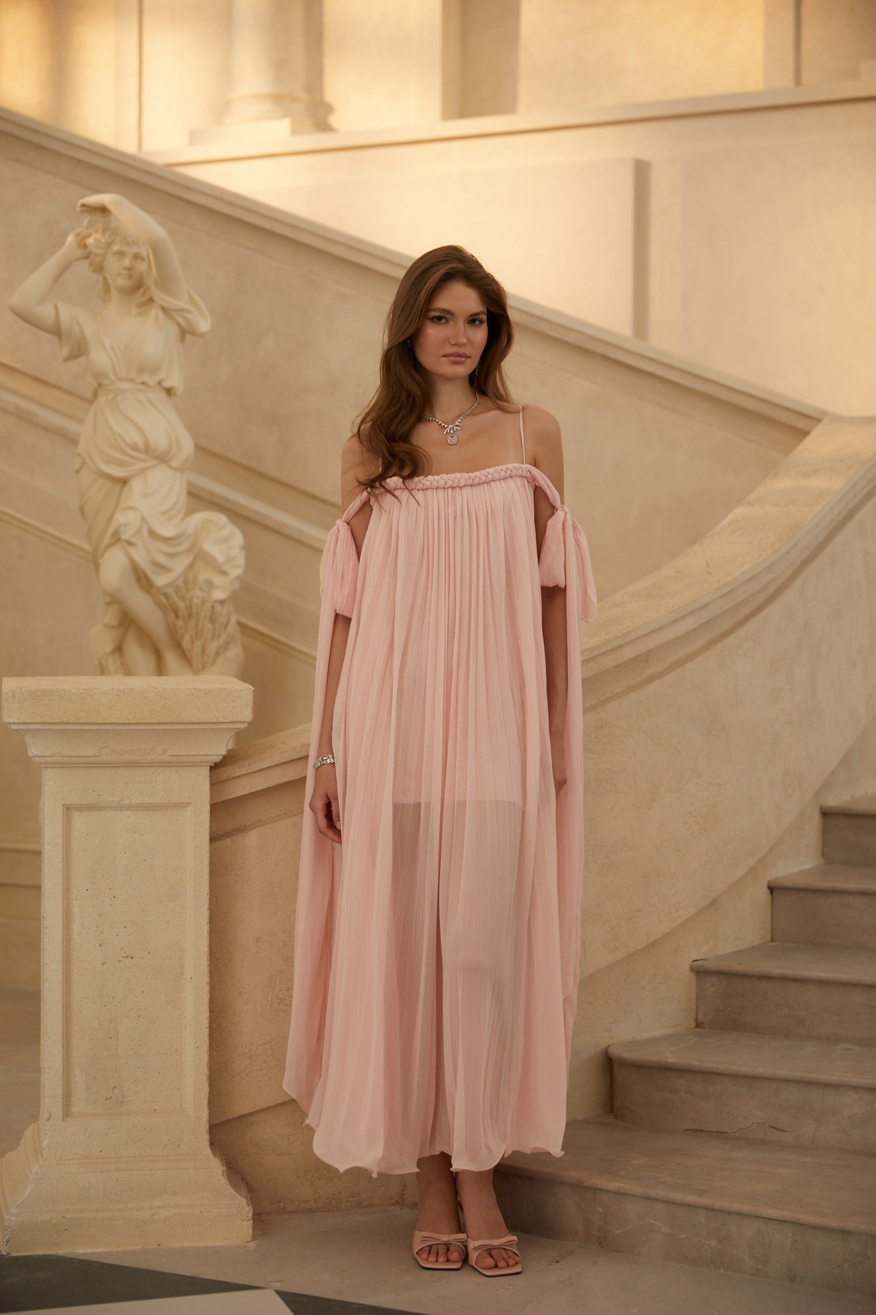 Agathe Pink Braid Detail Pleated Maxi Dress