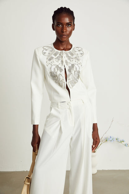 Agnès white embellished jacket  trousers matching set