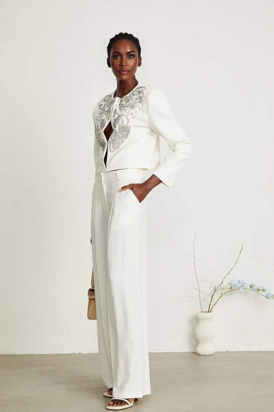 Agnès white embellished jacket  trousers matching set