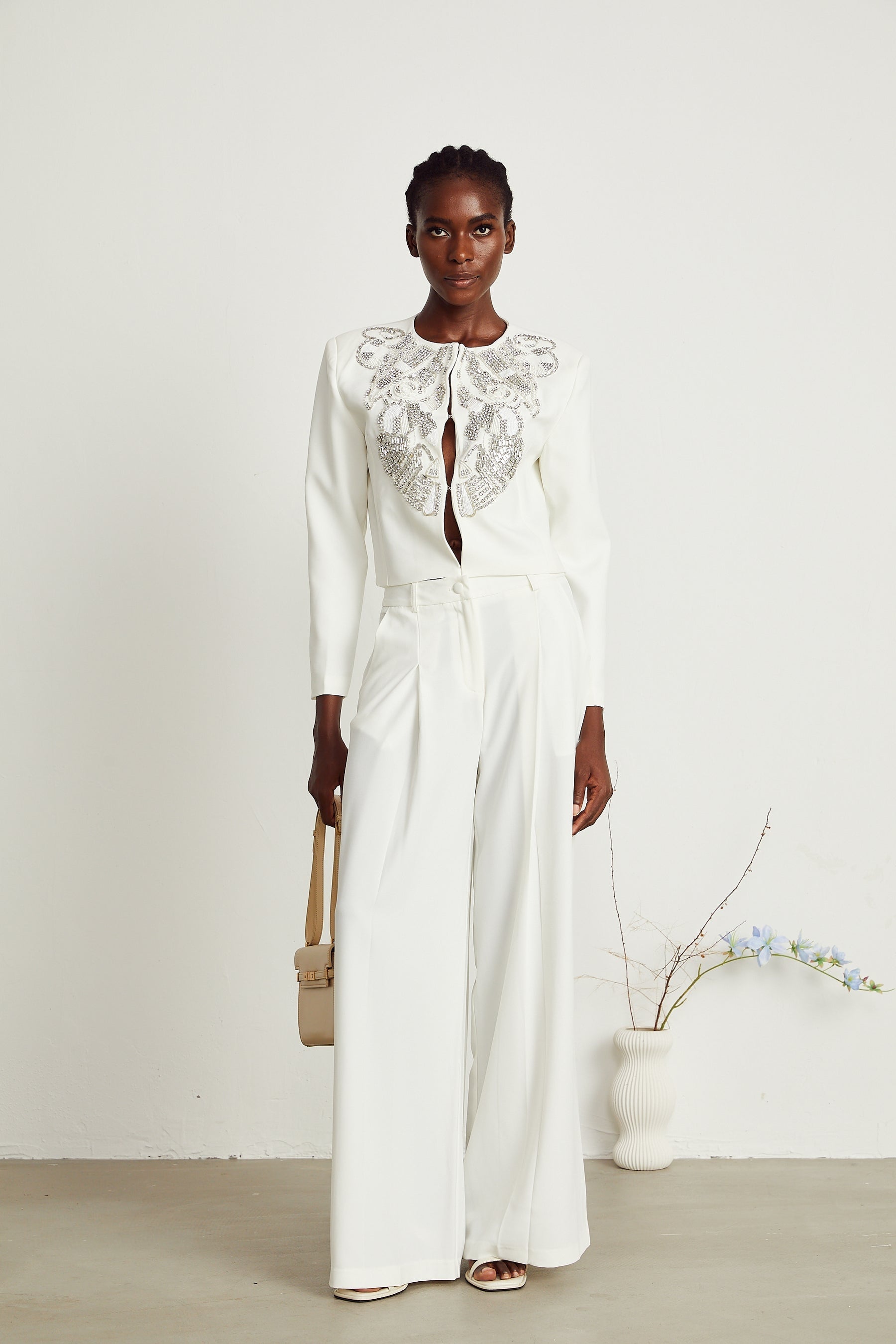 Agnès white embellished jacket  trousers matching set